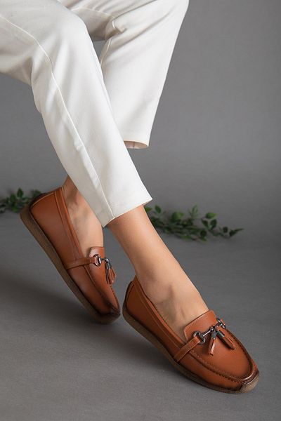 Dilimler Ayakkabı Tasseled Skin Tan Women's Casual Shoes