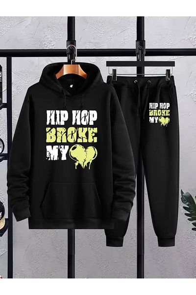 WOODROFFE Σετ ανδρική φόρμα Hip Hop Printed - Μαύρο Γκρι, Φούτσα, Oversize Boyfirend
