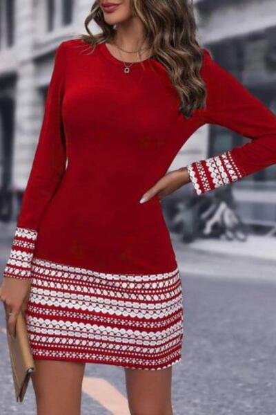 Mossta Κόκκινο φόρεμα με δύο κλωστές με λαιμόκοψη και στάμπα στο κάτω μέρος της φούστας