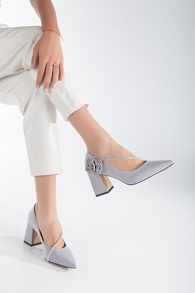 Dilimler Ayakkabı Satin Cross Stone Detaliat Argintiu Femei Stiletto Gros Toc