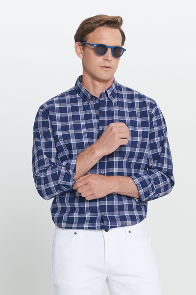 ALTINYILDIZ CLASSICS Erkek Lacivert-Beyaz Comfort Fit Rahat Kesim %100 Pamuk Düğmeli Yaka Kareli Gömlek