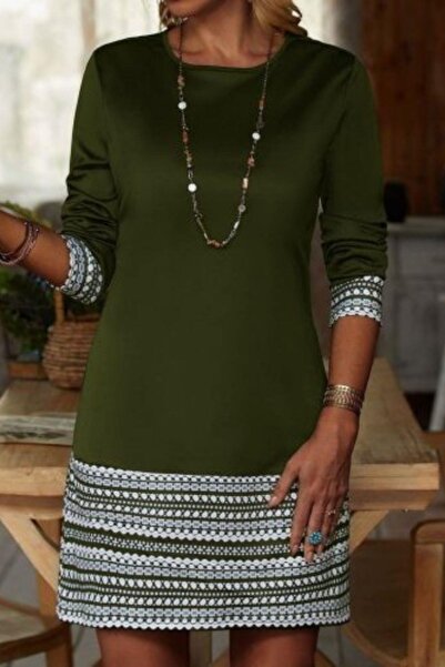 Mossta Φόρεμα με λαιμόκοψη και μανίκια με δύο κλωστές με τύπωμα Χακί