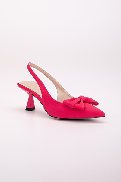 Dilimler Ayakkabı Fuchsia Satin Women's Heeled Shoes - Large Size Bow Detail