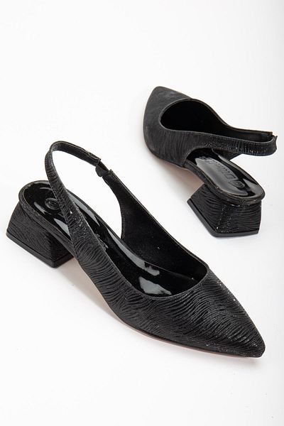 Dilimler Ayakkabı Large Size Shiny Striped Leather Black Women's Heeled Shoes