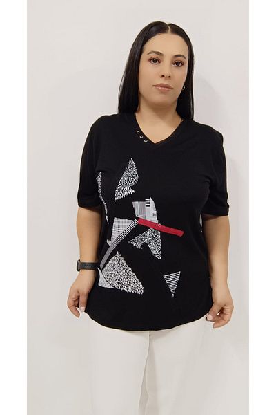 AKŞEN GİYİM LARGE SIZE COLLAR WITH EYELET FRONT AND PRINT DETAIL SHORT SLEEVE COTTON V-NECK MARIN BLUZ