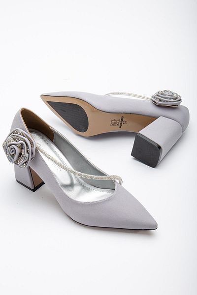 Dilimler Ayakkabı Satin Cross Stone Detaliat Argintiu Femei Stiletto Gros Toc