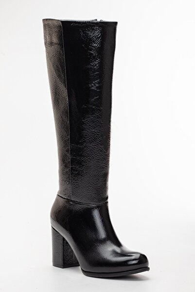 Dilimler Ayakkabı Γυναικείες μπότες με τακούνι με φερμουάρ, τσαλακωμένο λουστρίνι, μαύρο μικρό μεγάλο μέγεθος