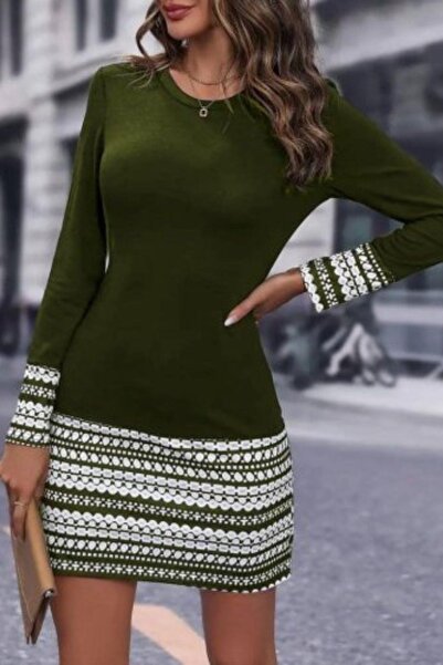 Mossta Φόρεμα με λαιμόκοψη και μανίκια με δύο κλωστές με τύπωμα Χακί