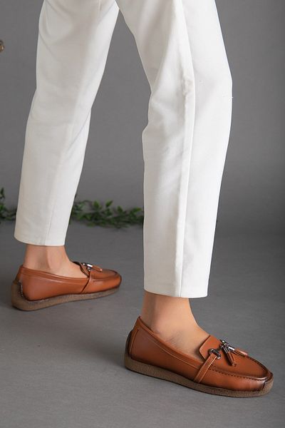 Dilimler Ayakkabı Tasseled Skin Tan Women's Casual Shoes