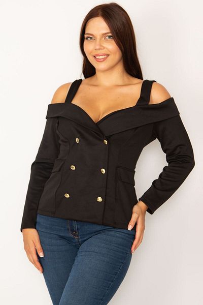 Şans Women's Large Size Black Scuba Fabric Strappy Blouse with Front Ornament Buttons and Pocket Cover 65n34186