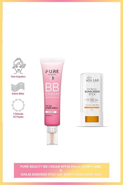 PURE BEAUTY Bb Cream Spf50 Natural 30 ml (01 Ivory) + Sunlab Anti Blemish Sunscreen Stick Pa++++ 20Gr