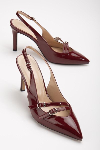 Dilimler Ayakkabı Claret Red Women's Stiletto - Two Buckles, Open Back, Thin Heeled Shoes