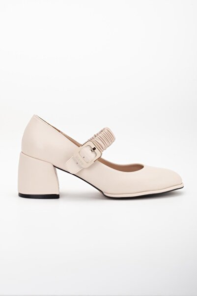 Dilimler Ayakkabı Beige Women's Thick Heeled Casual Shoes - Large Size, Elastic Band and Thin Platform Sole