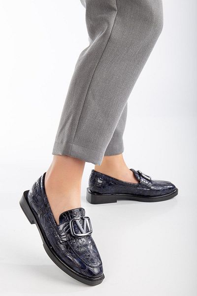 Dilimler Ayakkabı Crocodile Printed Leather Buckle Navy Blue Women's Casual Shoes