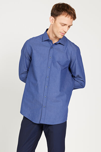 ALTINYILDIZ CLASSICS Erkek Lacivert-Mavi Slim Fit Dar Kesim Klasik Yaka %100 Pamuk Armürlü Gömlek