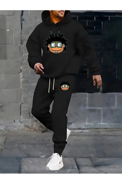 WOODROFFE Σετ ανδρική φόρμα Hip Hop Printed - Μαύρο Γκρι, Φούτσα, Oversize Boyfirend