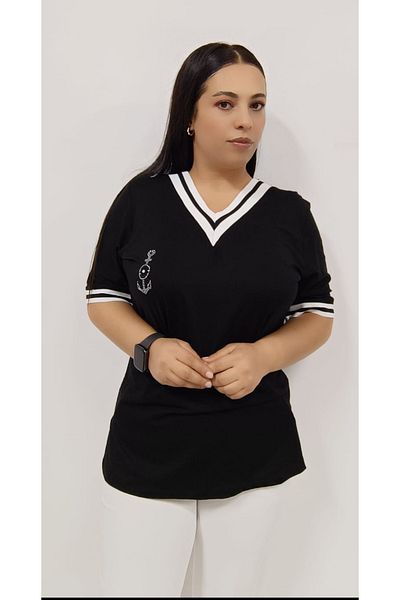 AKŞEN GİYİM MERCERIZED COLLAR AND SLEEVES RIBBED STONE CHIPPER FIGURED SHORT SLEEVE COTTON V-NECK MARIN BLUZ