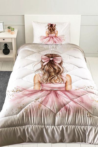 Else Dekor Pink Bow Yellow Girl Patterned Children's Single Quilted Quilt Pillow Case