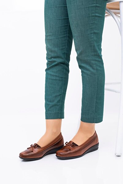 MERİSER Kadın İçi Hakiki Deri Tam Ortopedik Topuk Jelli Taba Kurdeleli Anne A...