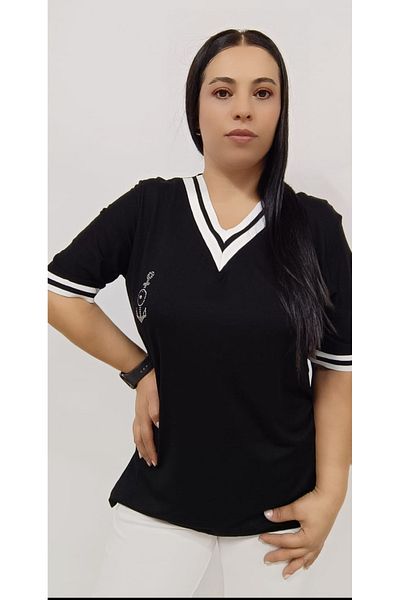 AKŞEN GİYİM MERCERIZED COLLAR AND SLEEVES RIBBED STONE CHIPPER FIGURED SHORT SLEEVE COTTON V-NECK MARIN BLUZ