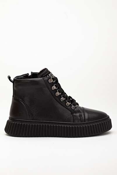 Dilimler Ayakkabı Γυναικείες μπότες από γνήσιο δέρμα με χοντρή σόλα με κορδόνια μαύρες