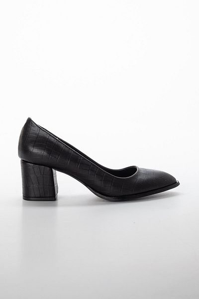 Dilimler Ayakkabı Large Size Crocodile Skin Black Women's Heeled Shoes