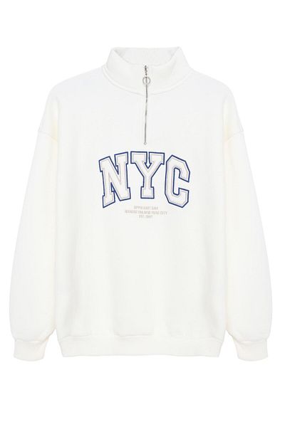 Quzu Ecru Color Embroidered Sweatshirt - Zipper Detailed