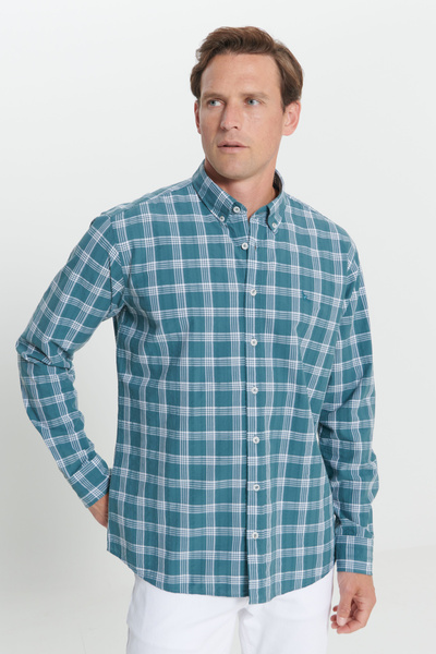 ALTINYILDIZ CLASSICS Ανδρικό πράσινο-λευκό Comfort Fit Comfort Fit 100% βαμβακερό καρό πουκάμισο με κουμπιά