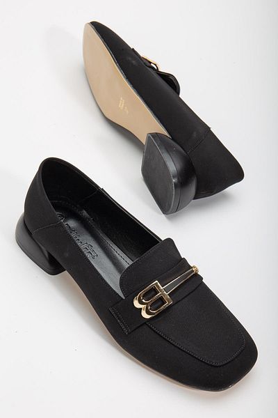 Dilimler Ayakkabı Buckle Satin Blunt Toe Black Women's Short Heeled Shoes