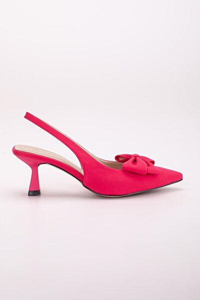Dilimler Ayakkabı Fuchsia Satin Women's Heeled Shoes - Large Size Bow Detail