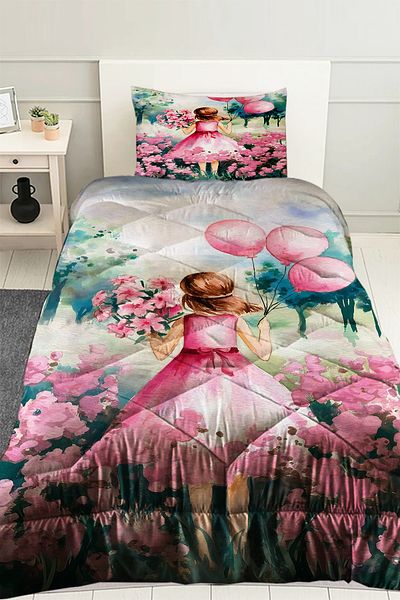 Else Dekor Pink Balloon Princess Girl Patterned Children's Single Quilted Quilt Pillowcase