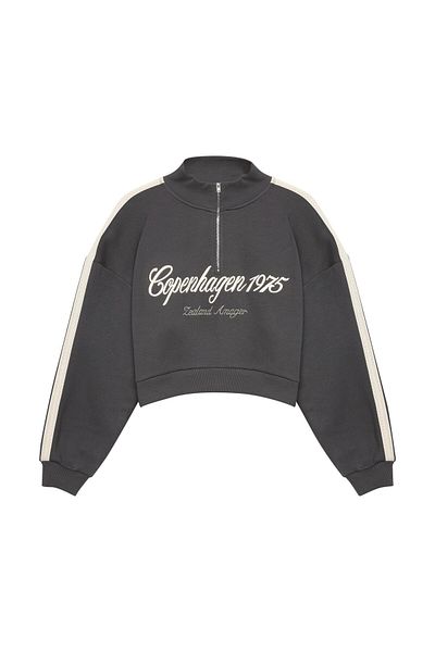 Quzu Anthracite Color Sweatshirt - Stripe and Embroidery Detail