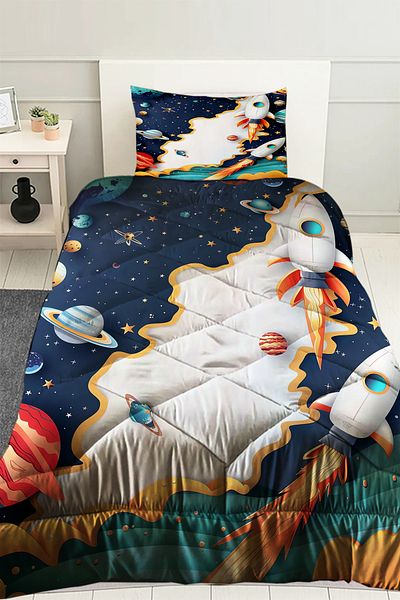 Else Dekor Spaceship Galaxy Patterned Boy's Single Quilted Quilt Pillow with Case