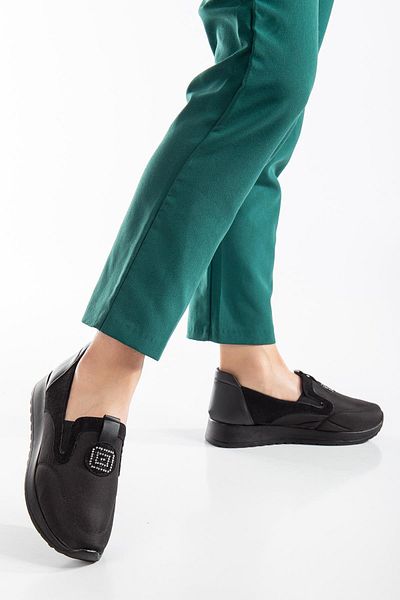 Dilimler Ayakkabı Suede and Parachute Material Black Women's Casual Shoes with Stone Detail