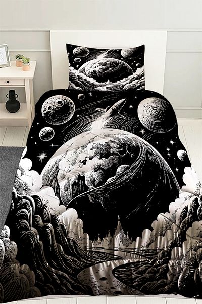 Else Dekor Ασπρόμαυρο Space Moon Planet Παιδικό μονό καπιτονέ πάπλωμα με μοτίβο με μαξιλαροθήκη