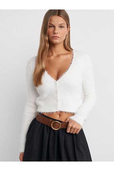 Dilvin 60275 V-Neck Buttoned Soft Textured Shiny Knitwear Cardigan-Ecru