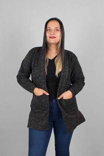 Truva XXL Large Size Glittery Hooded Knitwear Cardigan Black