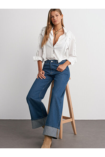 Dilvin 71726 Pantaloni albaștri din denim ondulat cu croiala largă