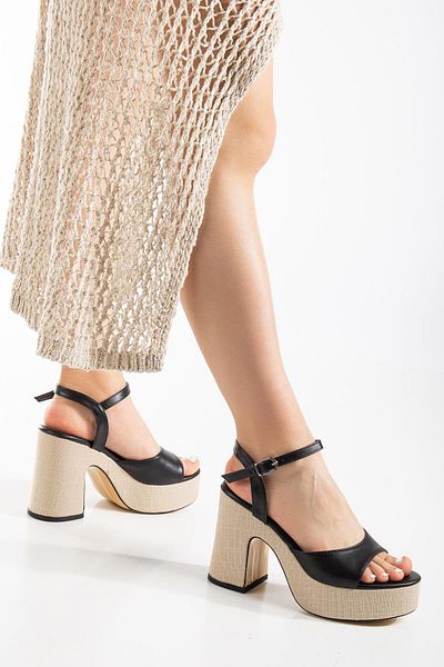 Dilimler Ayakkabı Straw Coated Sole Hard Hat Skin Black Women's Platform Heel Shoes