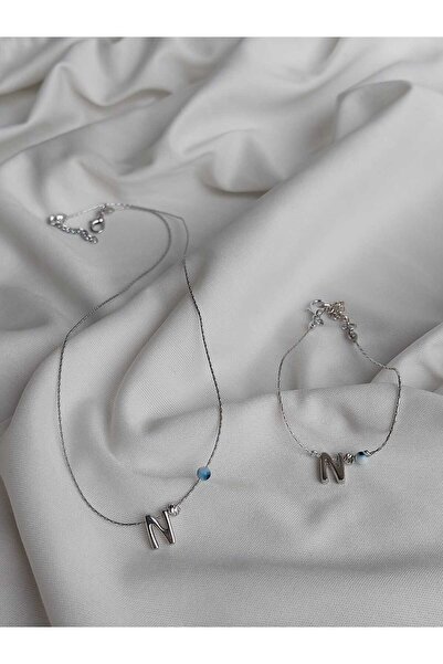 bijoux uniques طقم قلادة وسوار مطلي بتفاصيل عين الشر على شكل حرف N