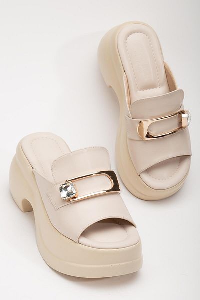 Dilimler Ayakkabı Γυναικείες παντόφλες Wedge Heel Beige - Σόλα Πλατφόρμας, Πόρπη Πέτρινο Δέρμα