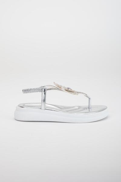 Dilimler Ayakkabı Silver Colored Butterfly Stone Women's Sandals - Flat Sole, Flip Flops