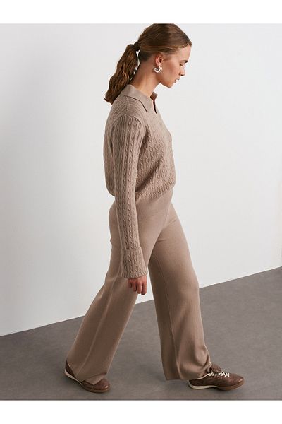 Dilvin 70163 Elastic Waist Knitwear Trousers-Dark Mink