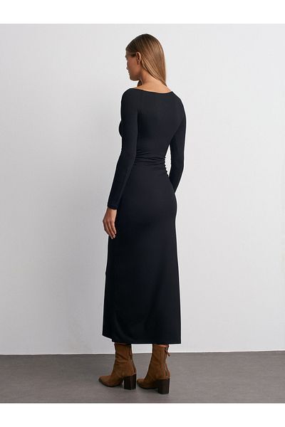 Dilvin 91140 Long Sleeve Midi Dress-Black
