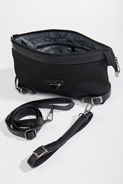 Dilimler Ayakkabı Satin Look Black Women's Portfolio Bag with Long Short Strap