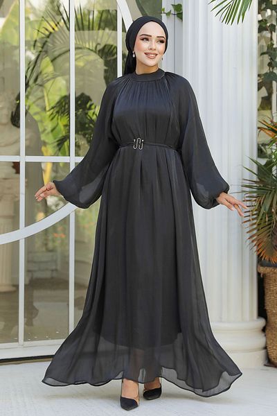 Neva Style Μαύρο Φόρεμα Hijab με μανίκια με μπαλόνι 53781S