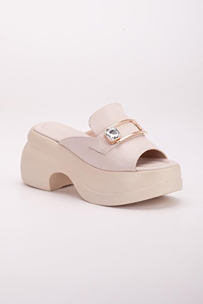 Dilimler Ayakkabı Γυναικείες παντόφλες Wedge Heel Beige - Σόλα Πλατφόρμας, Πόρπη Πέτρινο Δέρμα
