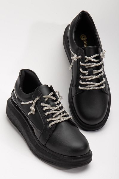 Dilimler Ayakkabı Black Patent Leather Stone Balloon Sole Women's Sports Shoes