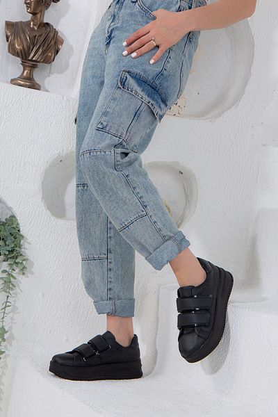 Dilimler Ayakkabı 2 Velcro Thick Sole Black Women's Sports Shoes