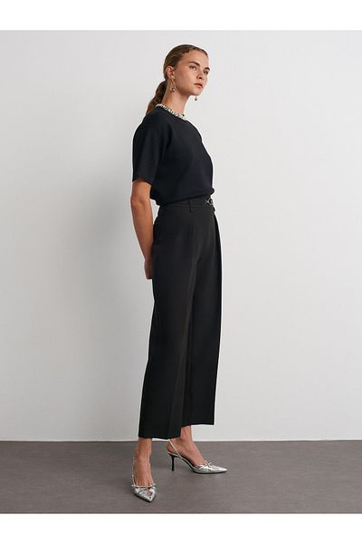 Dilvin 71558 High Waist Trousers with Metal Accessories-Black
